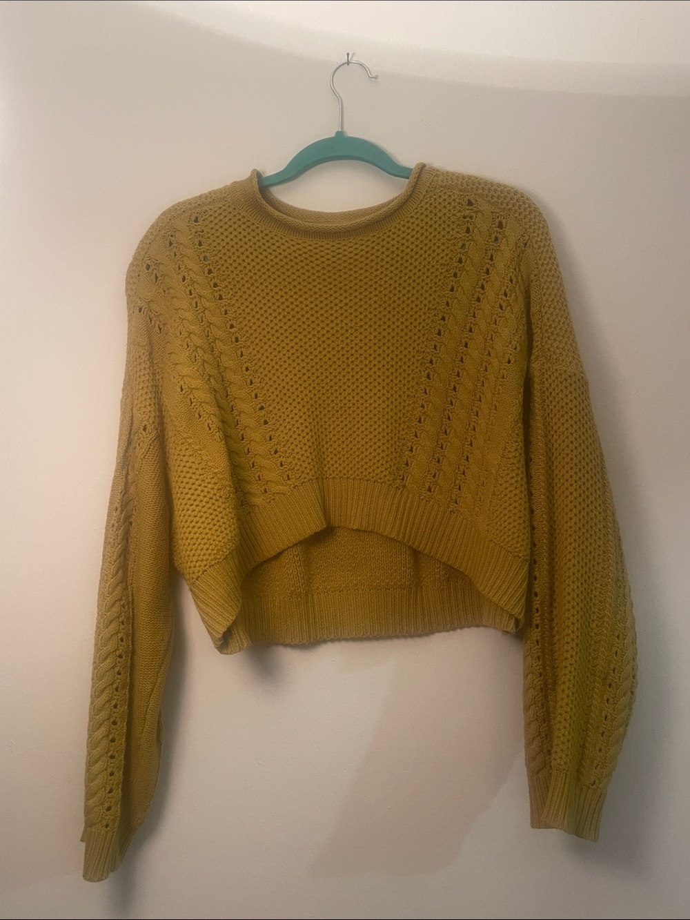 BDG Mustard Cropped Cable-Knit Crewneck Sweater